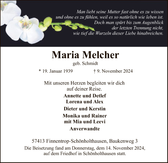 Traueranzeige von Maria Melcher von WA