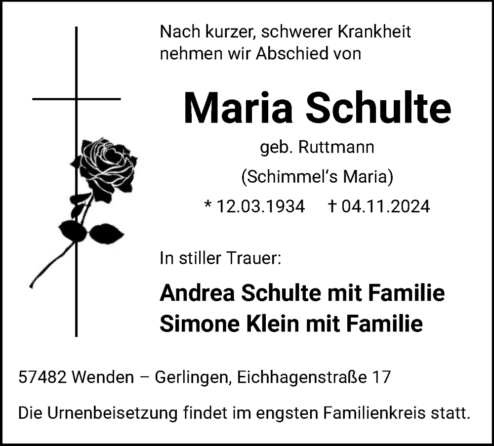  Traueranzeige für Maria Schulte vom 09.11.2024 aus WA