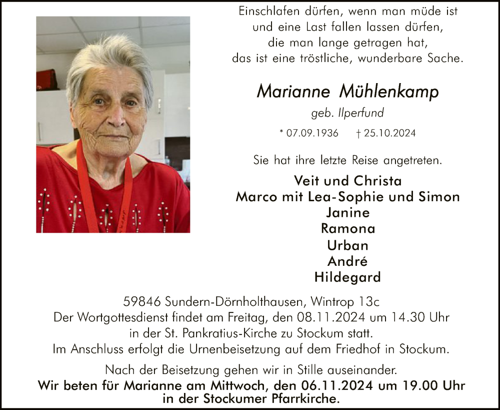  Traueranzeige für Marianne Mühlenkamp vom 02.11.2024 aus WA