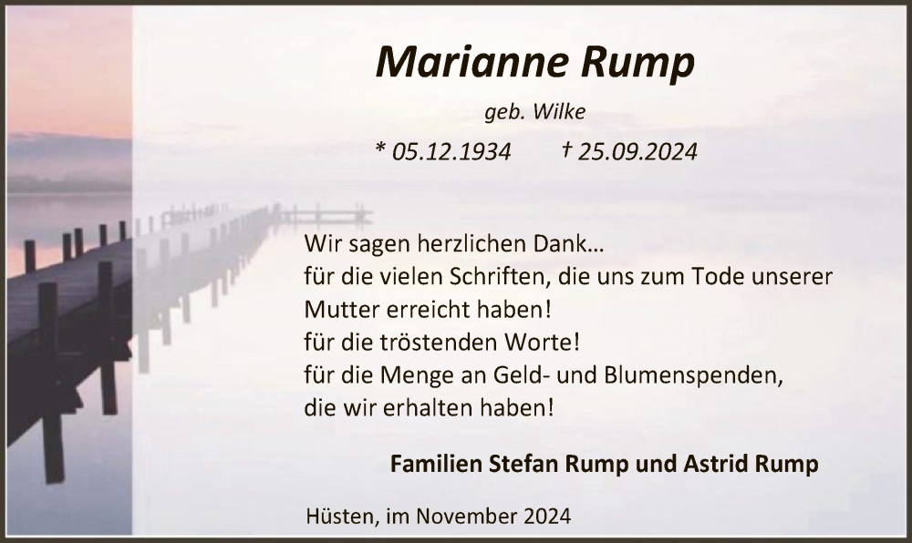  Traueranzeige für Marianne Rump vom 30.11.2024 aus WA