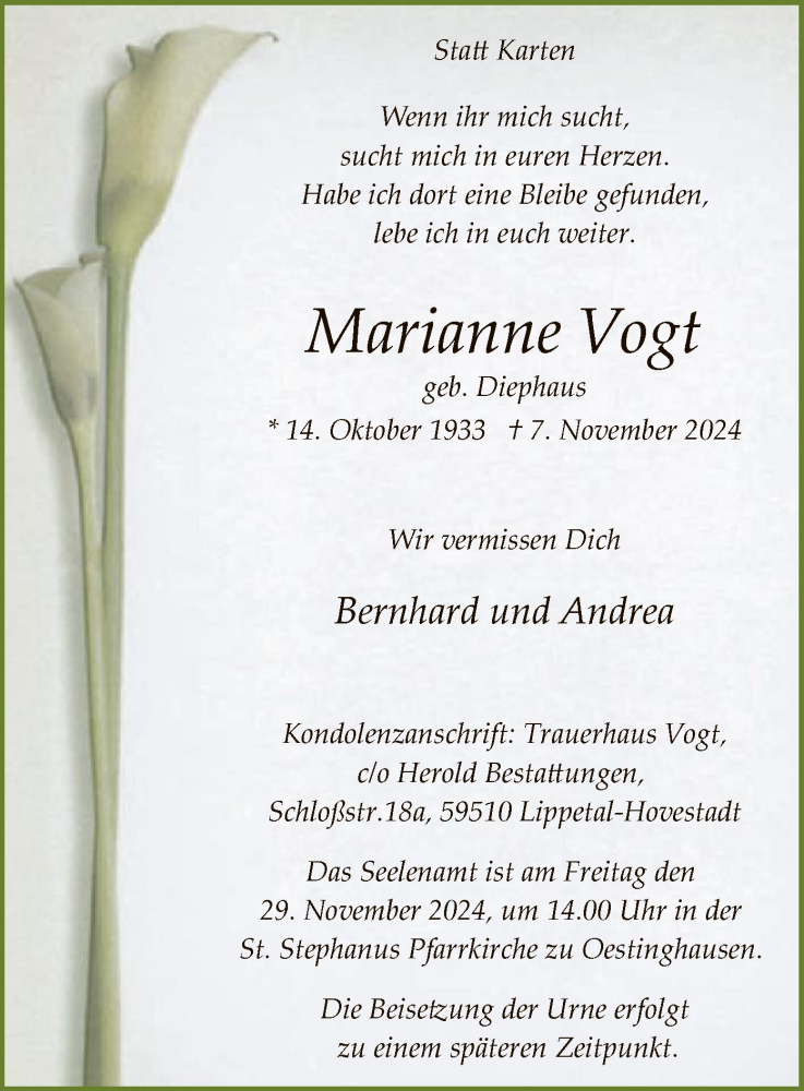  Traueranzeige für Marianne Vogt vom 13.11.2024 aus WA
