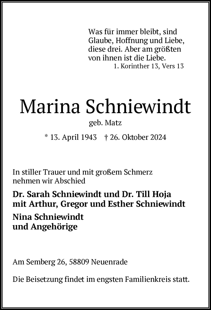  Traueranzeige für Marina Schniewindt vom 02.11.2024 aus WA