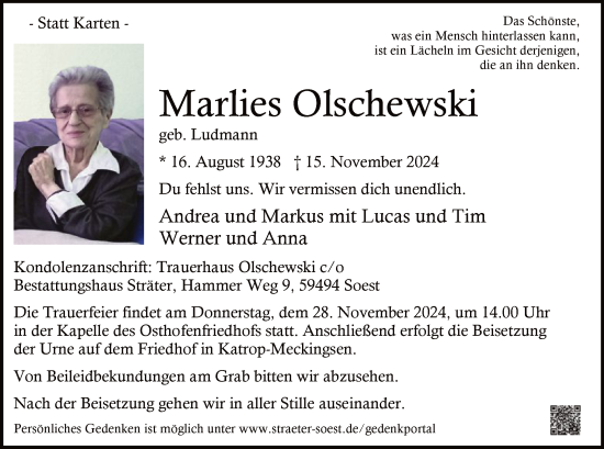 Traueranzeige von Marlies Olschewski von WA