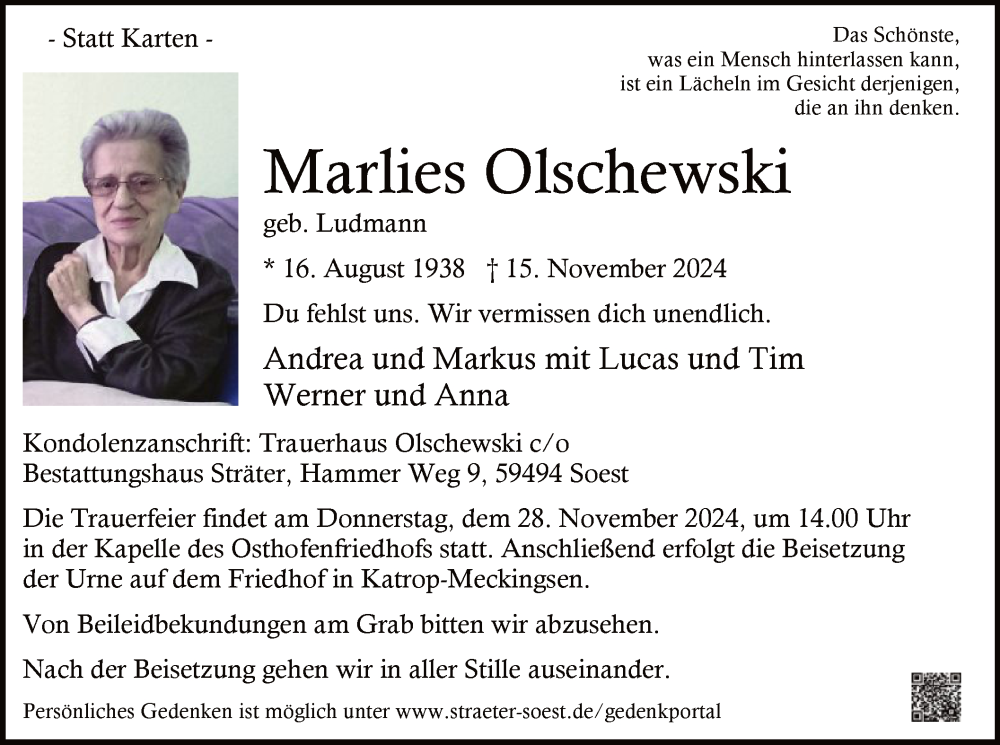  Traueranzeige für Marlies Olschewski vom 23.11.2024 aus WA