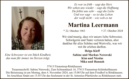 Traueranzeige von Martina Leermann von WA