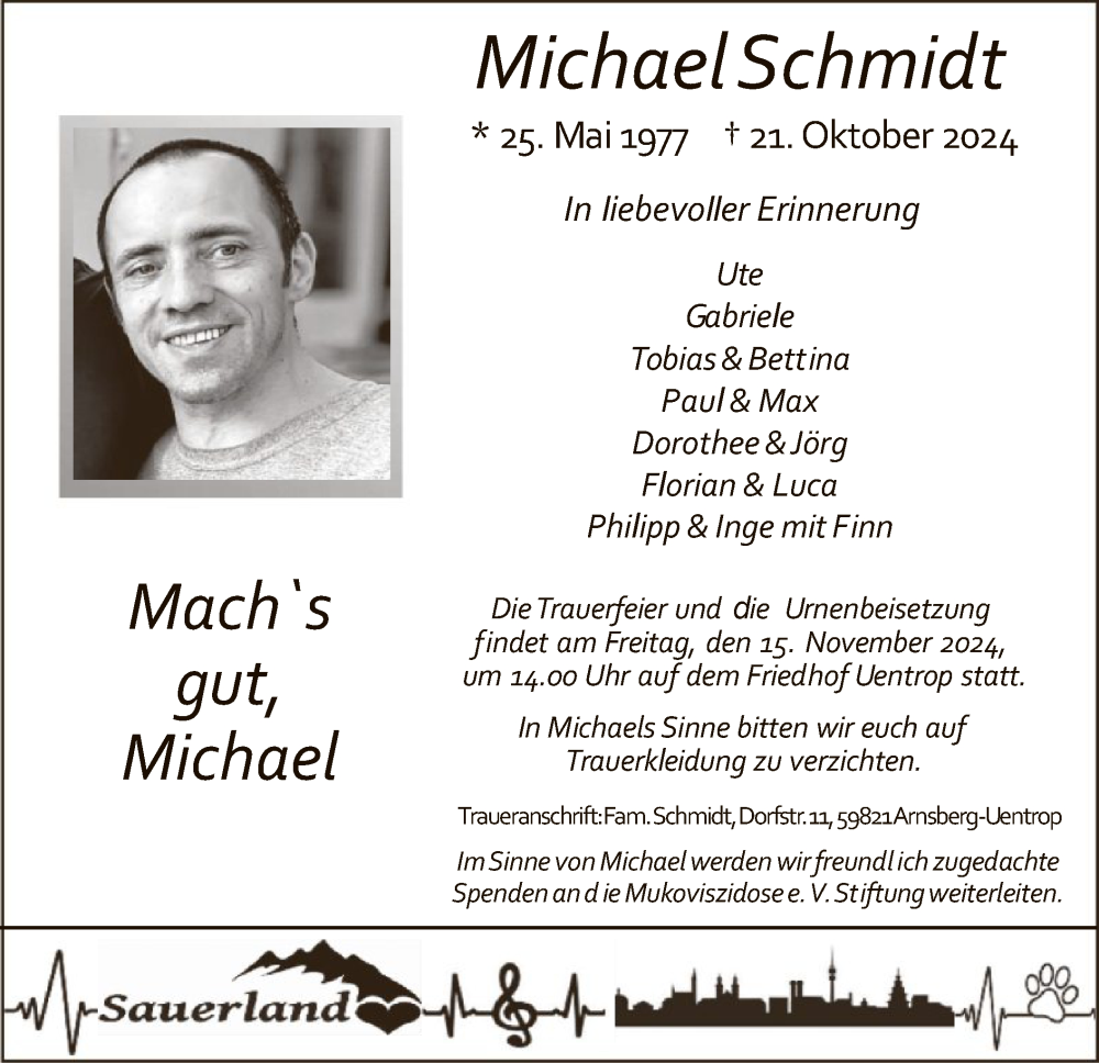  Traueranzeige für Michael Schmidt vom 09.11.2024 aus WA