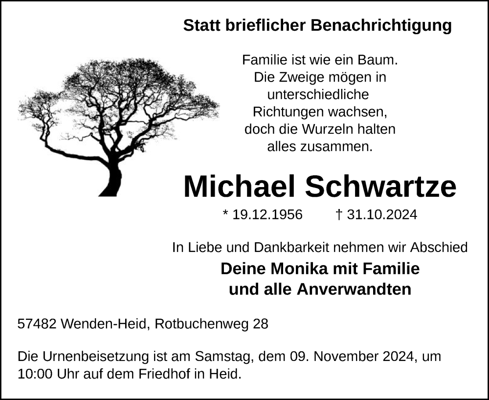  Traueranzeige für Michael Schwartze vom 09.11.2024 aus WA