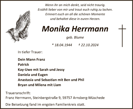 Traueranzeige von Monika Herrmann von WA