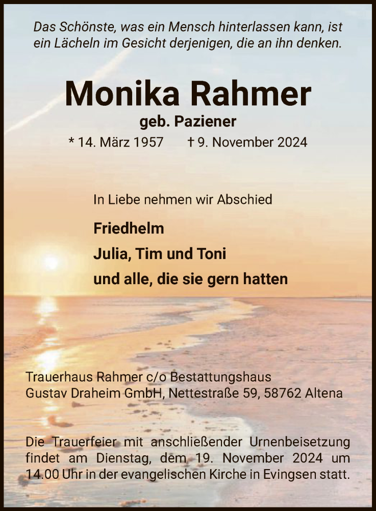  Traueranzeige für Monika Rahmer vom 16.11.2024 aus WA
