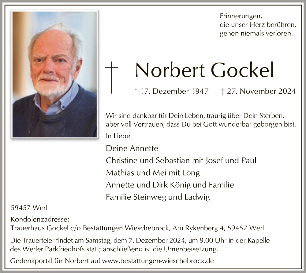  Traueranzeige für Norbert Gockel vom 30.11.2024 aus WA
