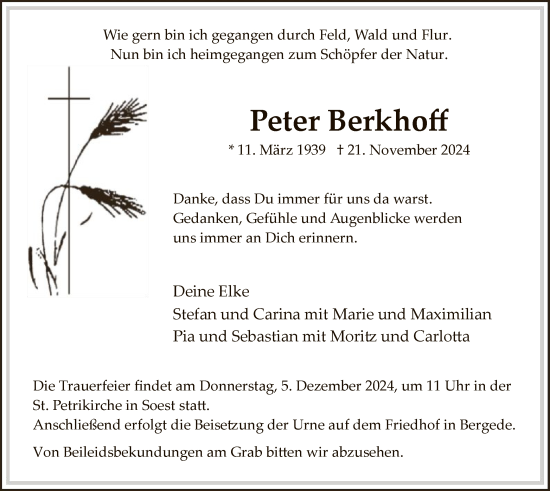 Traueranzeige von Peter Berkhoff von WA