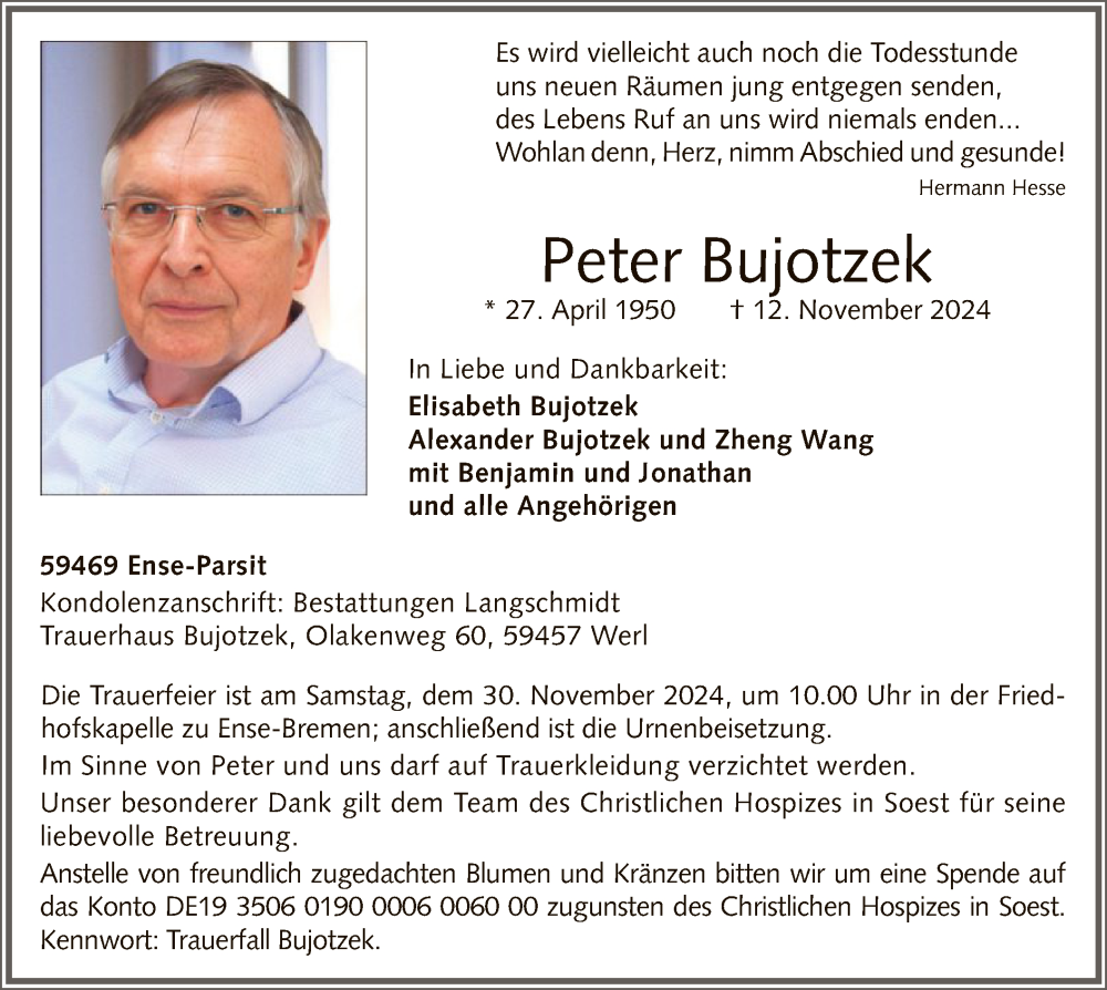  Traueranzeige für Peter Bujotzek vom 23.11.2024 aus WA