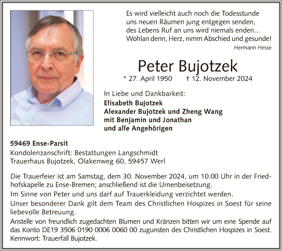 Traueranzeige von Peter Bujotzek von WA