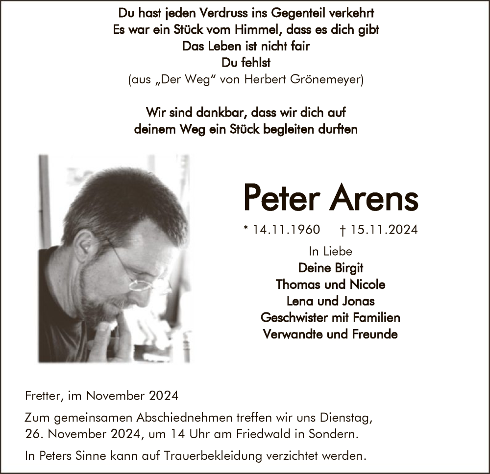  Traueranzeige für PPeter Arens vom 23.11.2024 aus WA