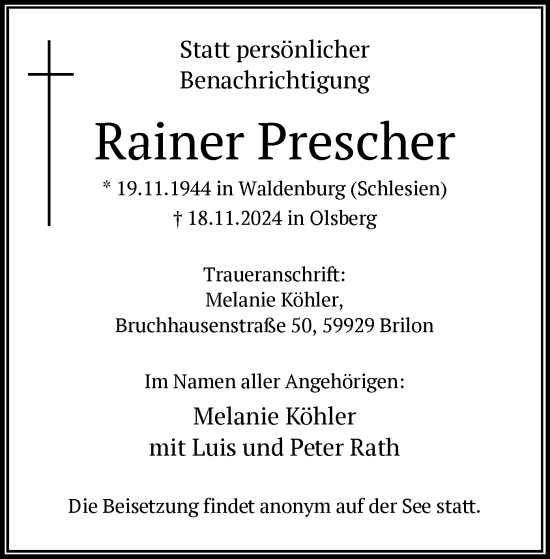 Traueranzeige von Rainer Prescher von WA