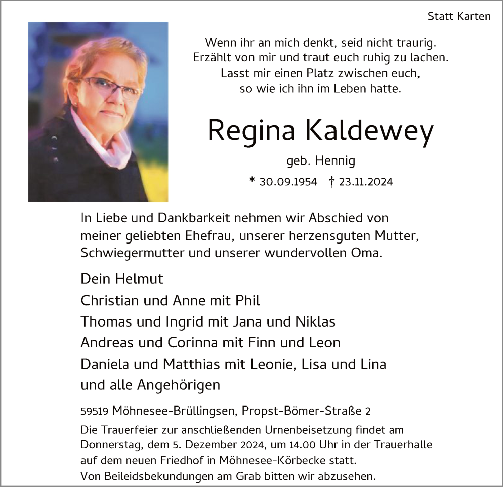  Traueranzeige für Regina Kaldewey vom 30.11.2024 aus WA