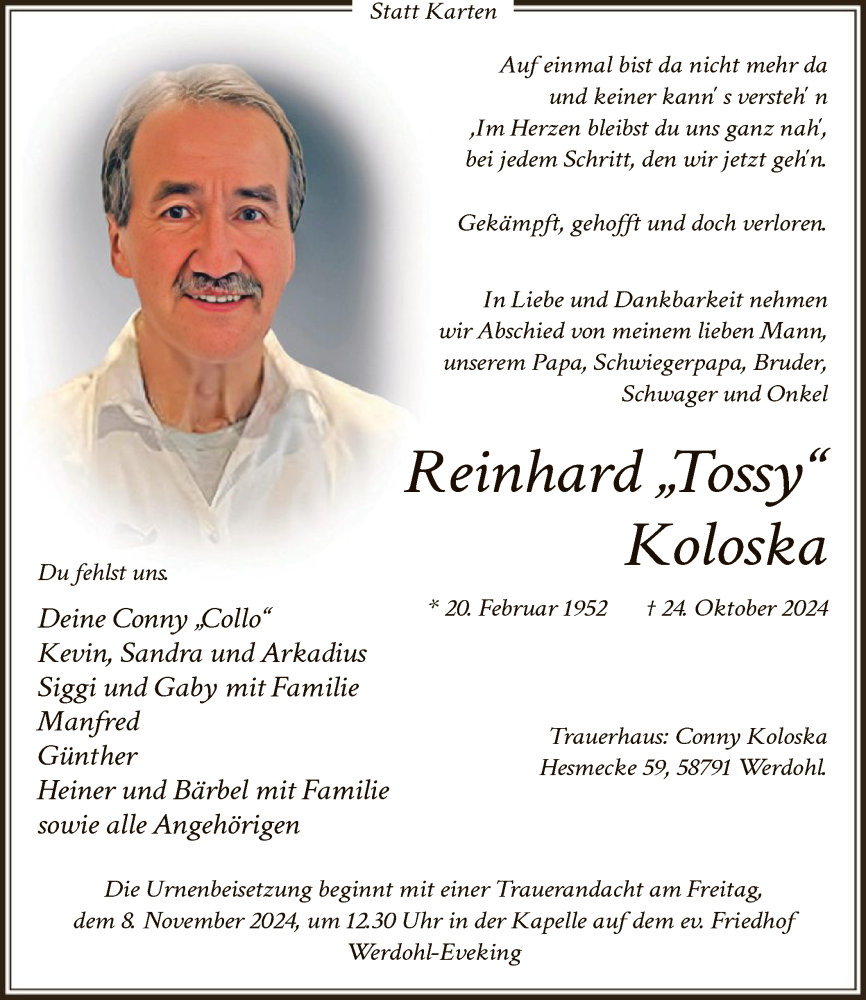  Traueranzeige für Reinhard Koloska vom 02.11.2024 aus WA
