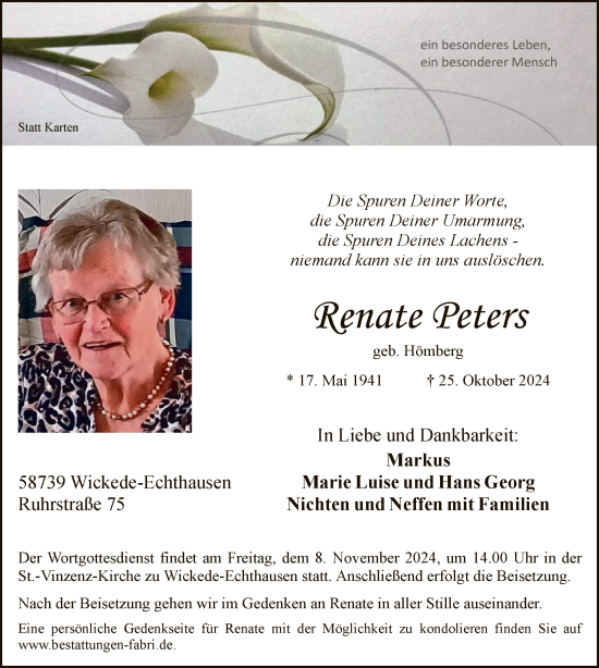Traueranzeige von Renate Peters von WA