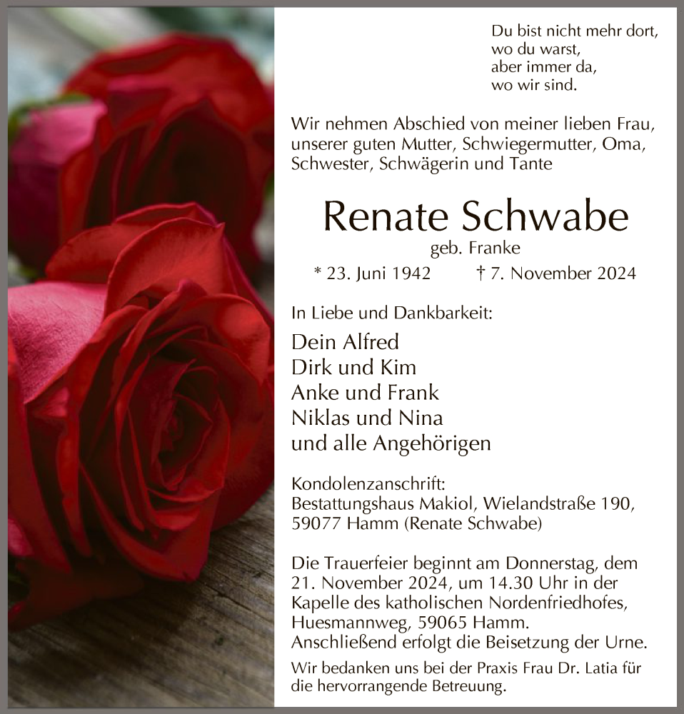  Traueranzeige für Renate Schwabe vom 16.11.2024 aus WA