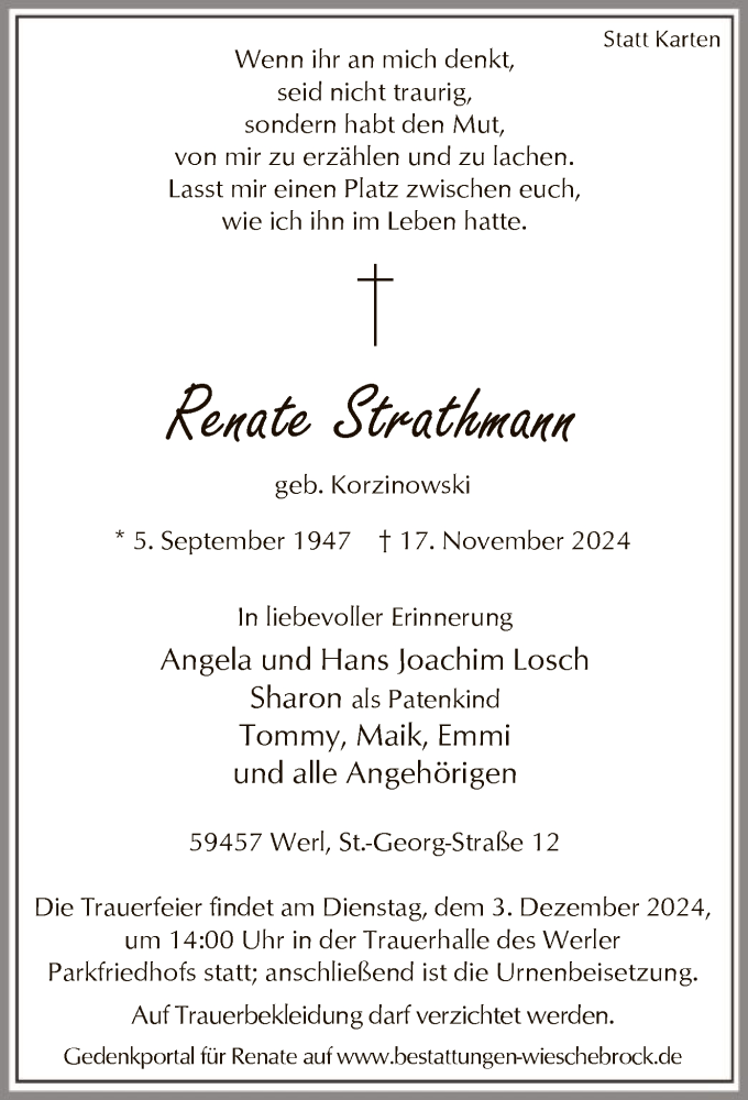  Traueranzeige für Renate Strathmann vom 23.11.2024 aus WA