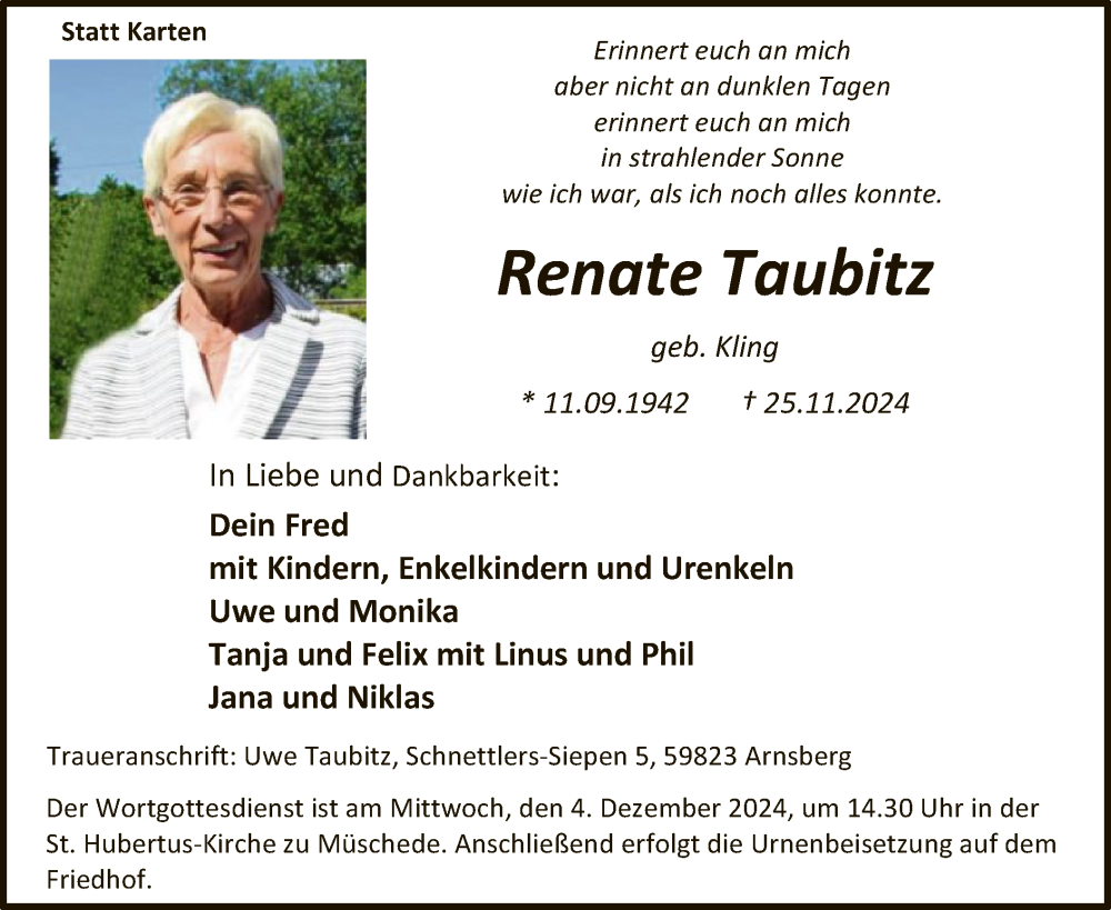  Traueranzeige für Renate Taubitz vom 30.11.2024 aus WA