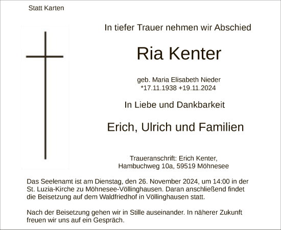 Traueranzeige von Ria Kenter von WA