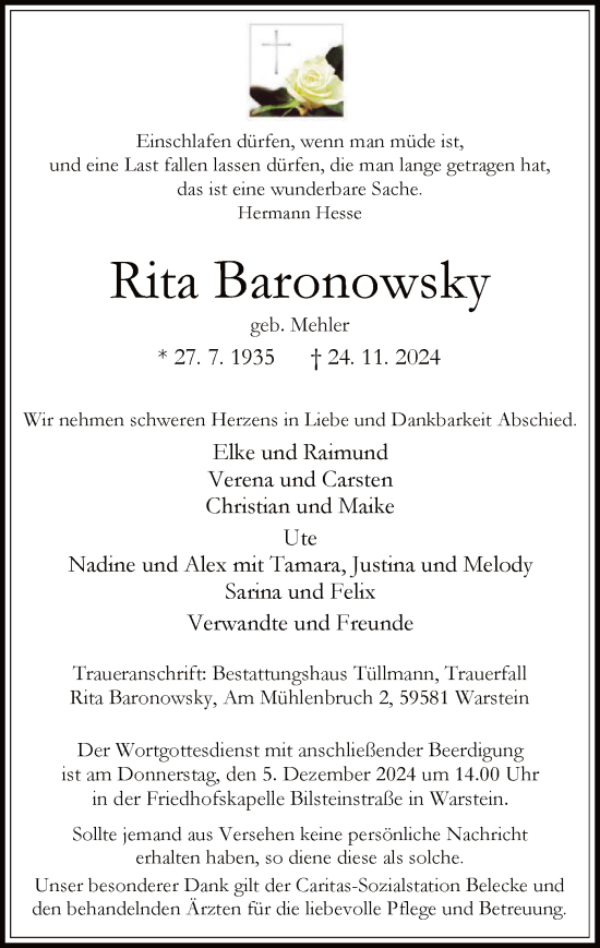 Traueranzeige von Rita Baronowsky von WA