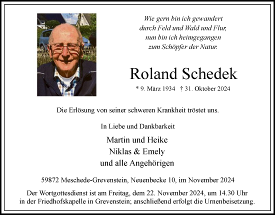 Traueranzeige von Roland Schedek von WA