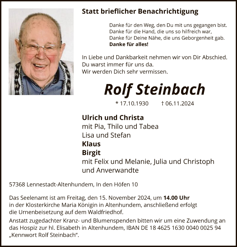  Traueranzeige für Rolf Steinbach vom 09.11.2024 aus WA