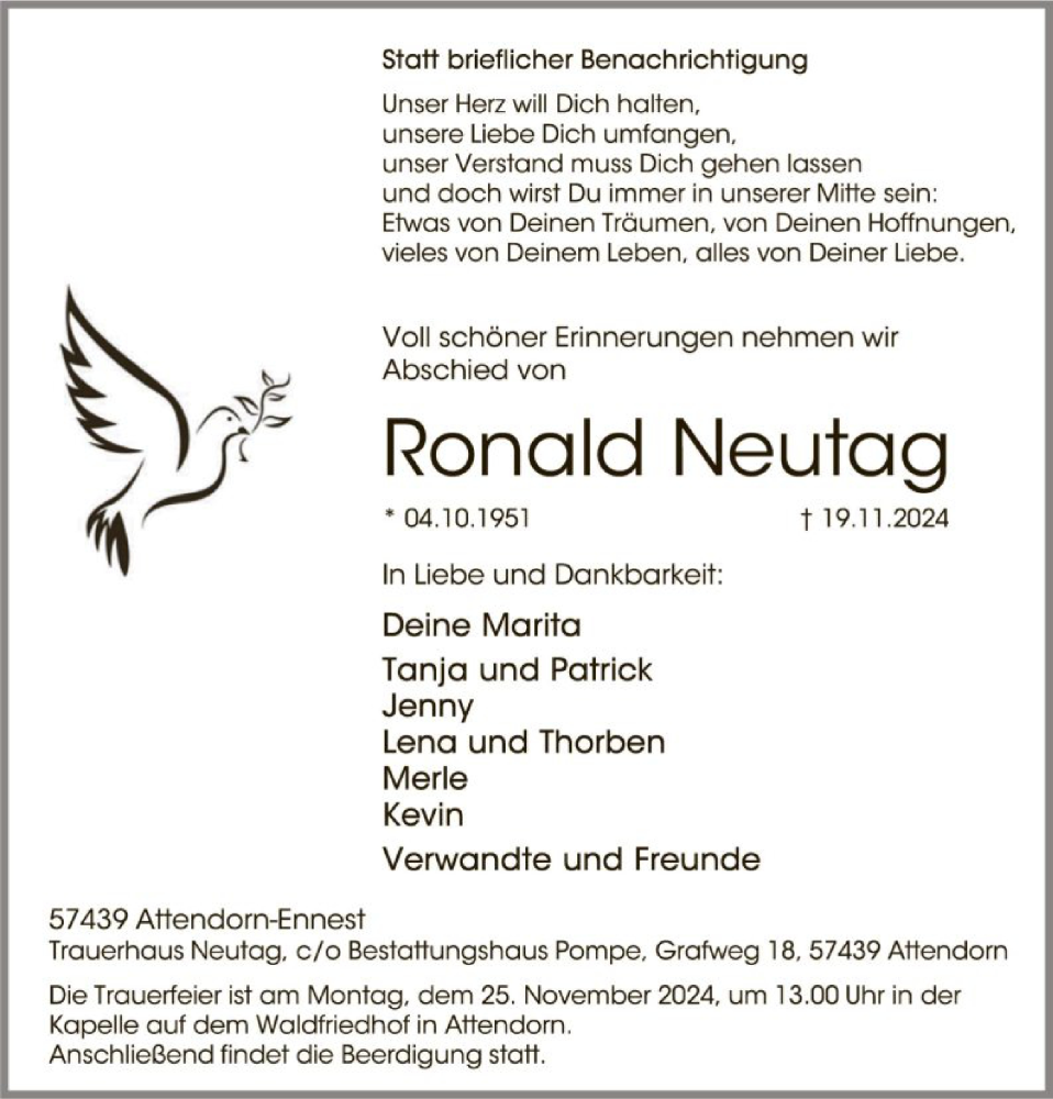  Traueranzeige für Ronald Neutag vom 23.11.2024 aus WA