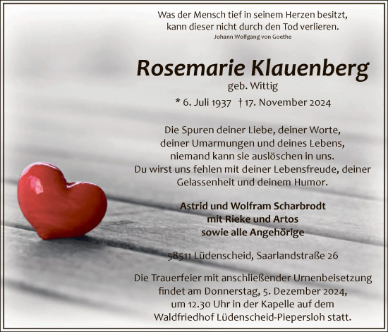 Traueranzeige von Rosemarie Klauenberg von WA