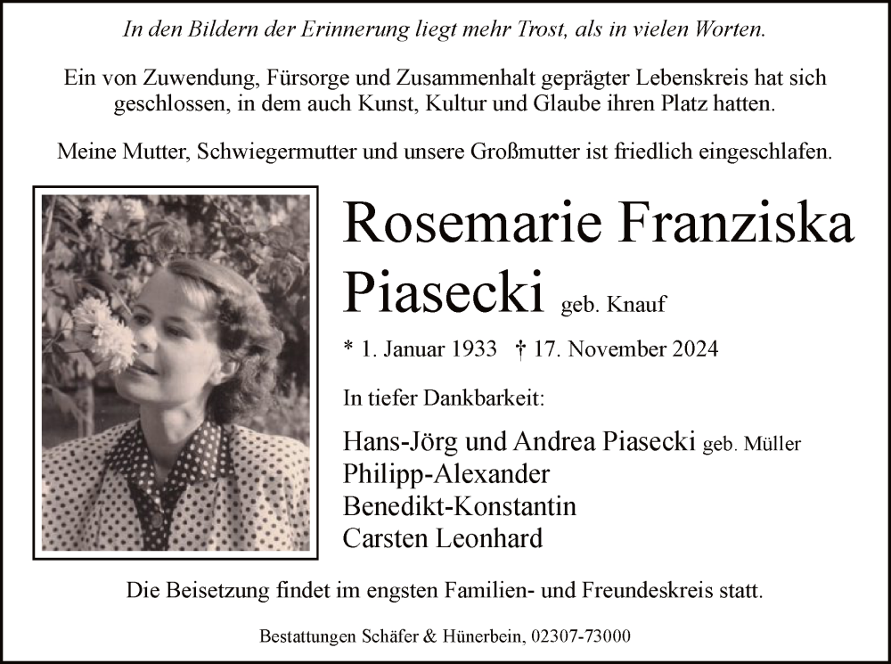  Traueranzeige für Rosemarie Franziska Piasecki vom 23.11.2024 aus WA