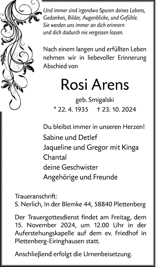 Traueranzeige von Rosi Arens von WA