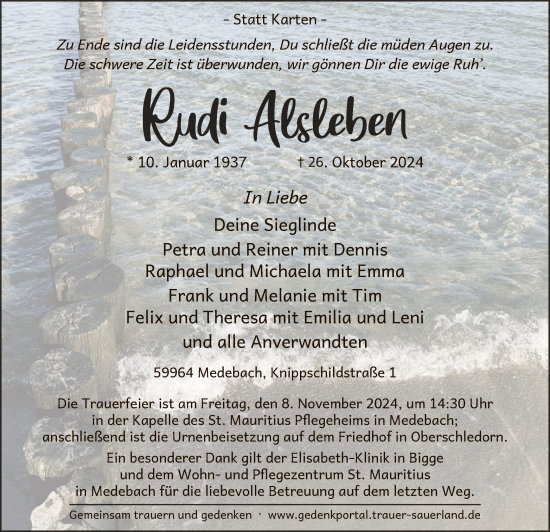 Traueranzeige von Rudi Alsleben von WA