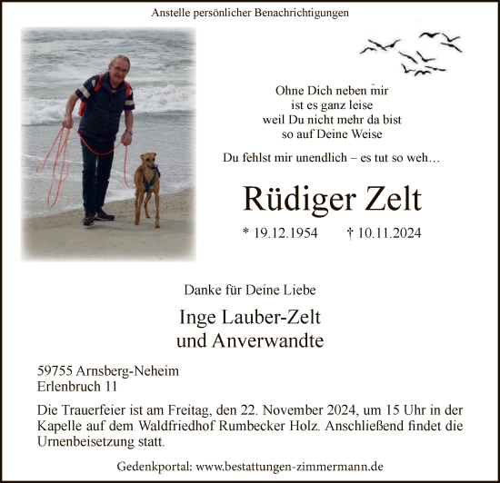 Traueranzeige von Rüdiger Zelt von WA