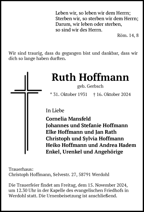 Traueranzeige von Ruth Hoffmann von WA