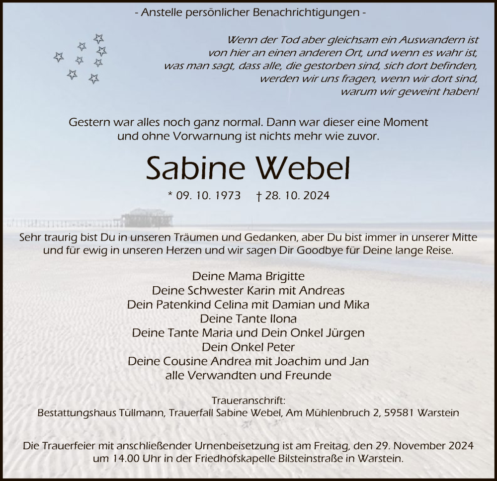  Traueranzeige für Sabine Webel vom 09.11.2024 aus WA