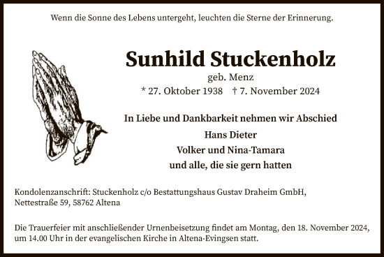 Traueranzeige von Sunhild Stuckenholz von WA