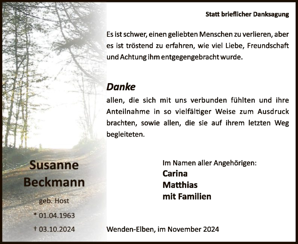  Traueranzeige für Susanne Beckmann vom 23.11.2024 aus WA