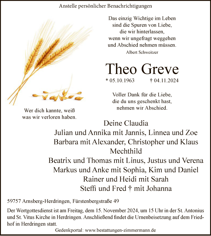  Traueranzeige für Theo Greve vom 09.11.2024 aus WA