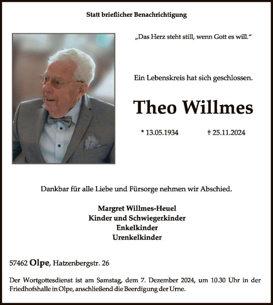 Traueranzeige für Theo Willmes vom 30.11.2024 aus WA