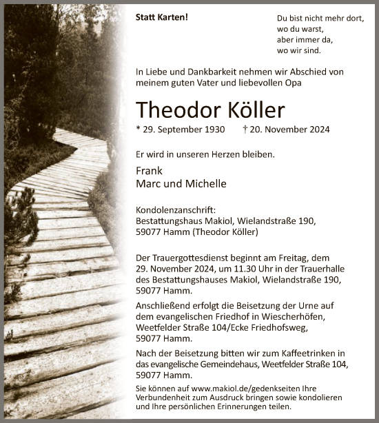Traueranzeige von Theodor Köller von WA