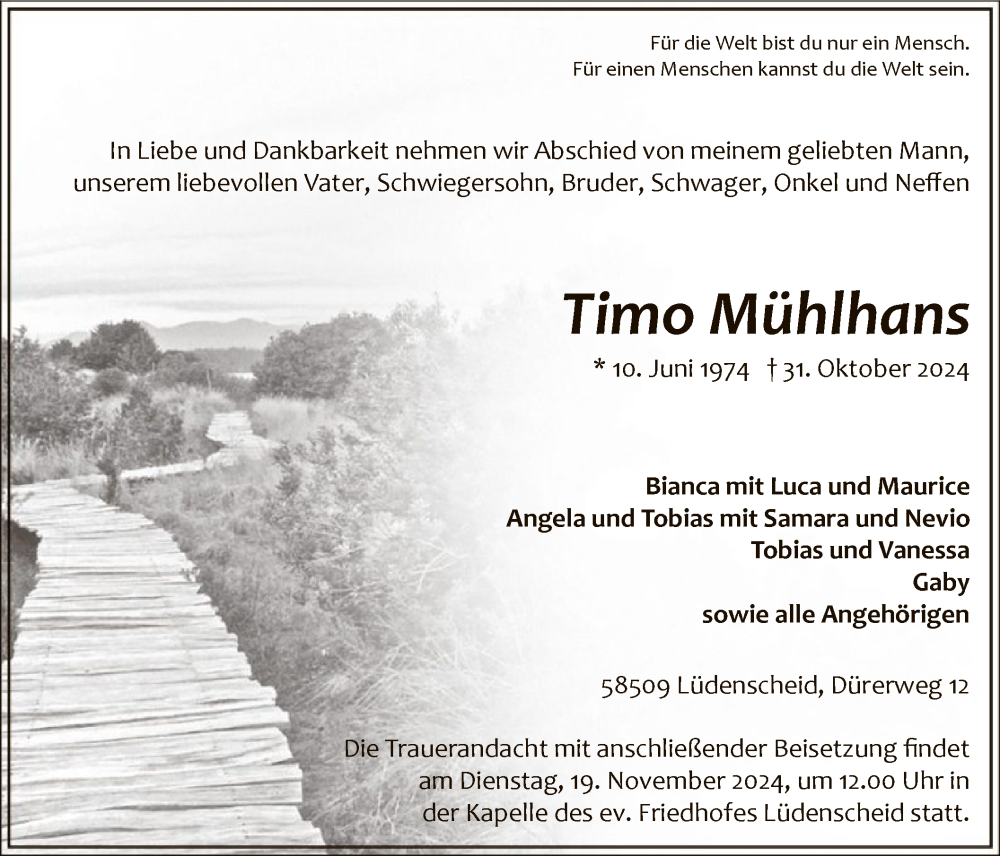  Traueranzeige für Timo Mühlhans vom 13.11.2024 aus WA