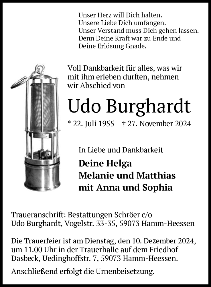  Traueranzeige für Udo Burghardt vom 30.11.2024 aus WA