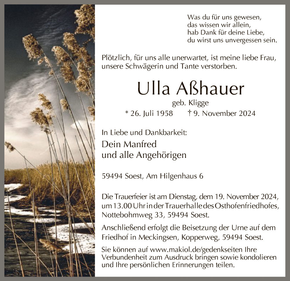  Traueranzeige für Ulla Aßhauer vom 16.11.2024 aus WA