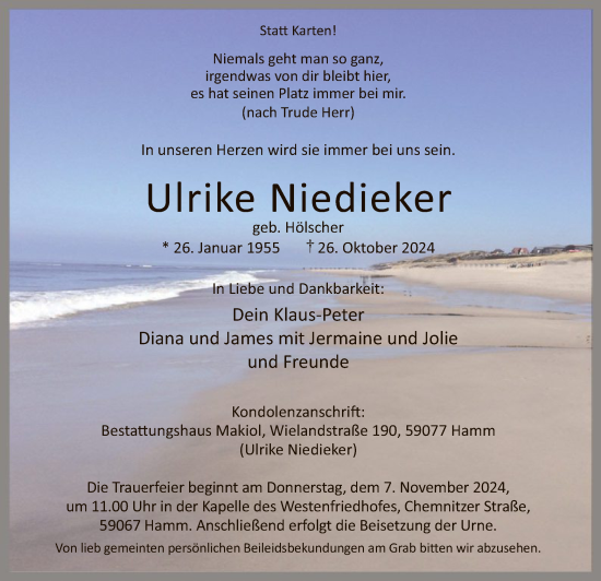 Traueranzeige von Ulrike Niedieker von WA