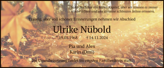 Traueranzeige von Ulrike Nübold von WA