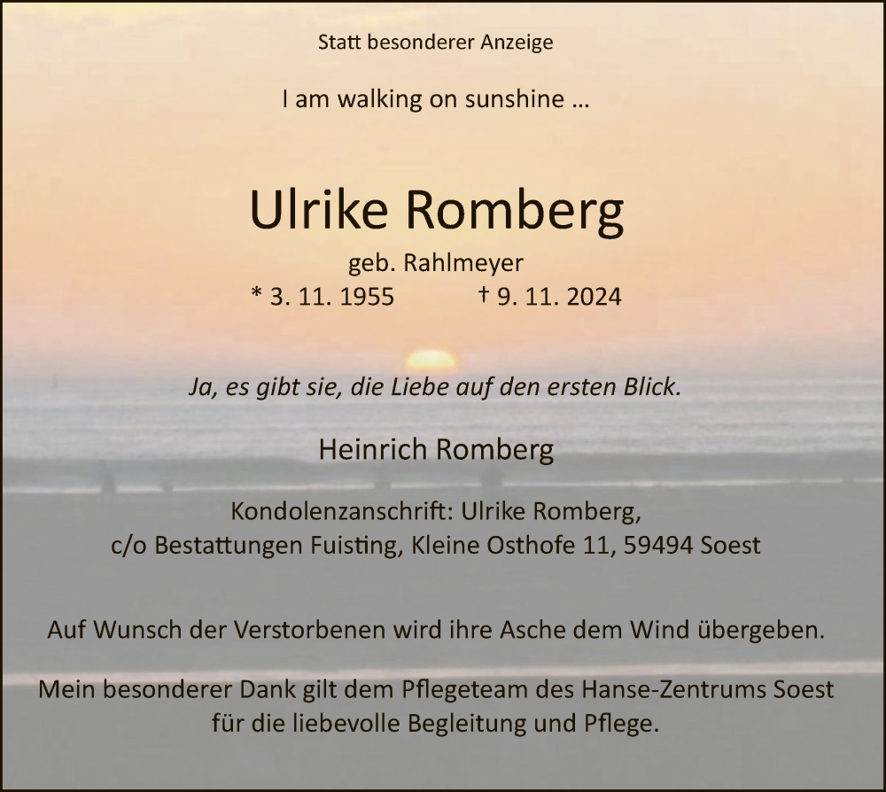  Traueranzeige für Ulrike Romberg vom 26.11.2024 aus WA