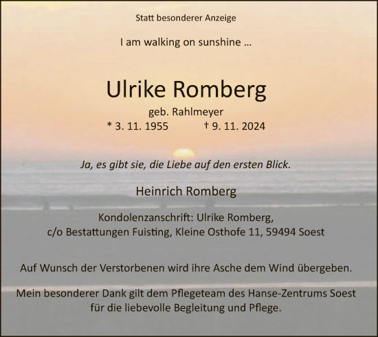 Traueranzeige von Ulrike Romberg von WA