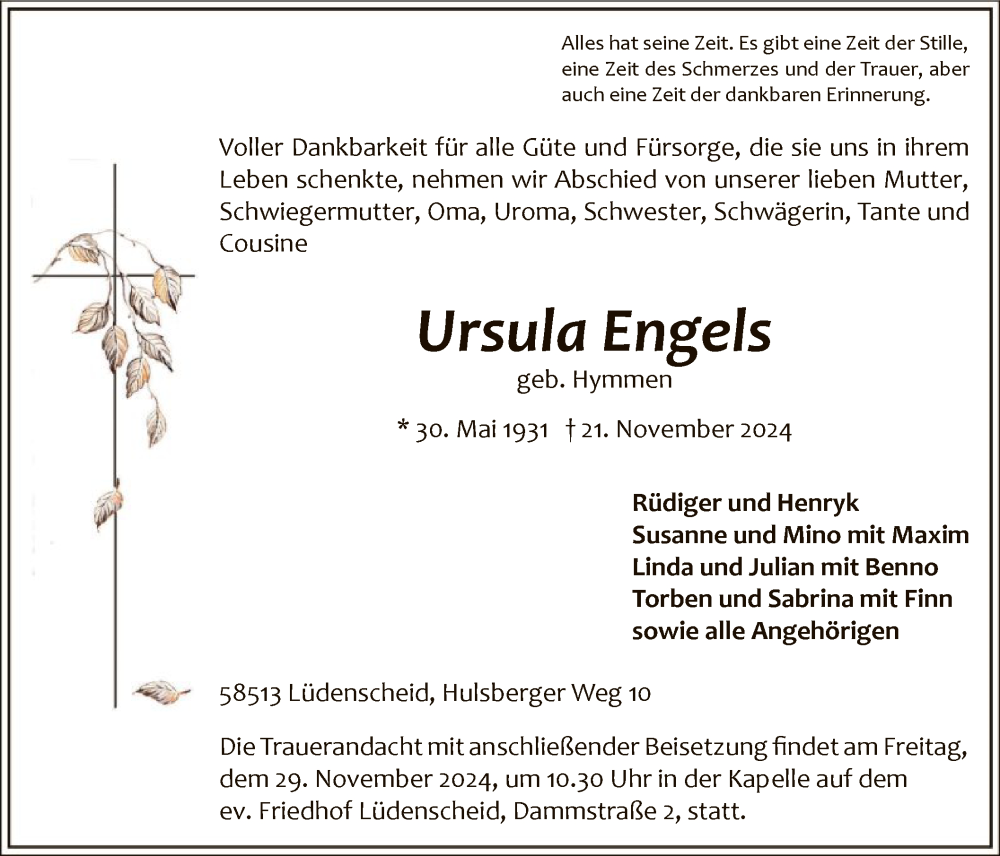 Traueranzeige für Ursula Engels vom 26.11.2024 aus WA